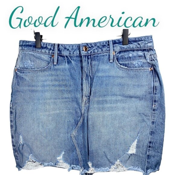 GOOD AMERICAN Distressed Denim Mini Skirt, Size 14 - Picture 2 of 12